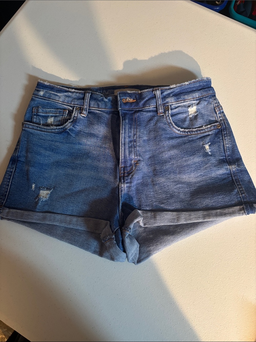 Zara Distressed Blue Denim Roll-Cuff Shorts